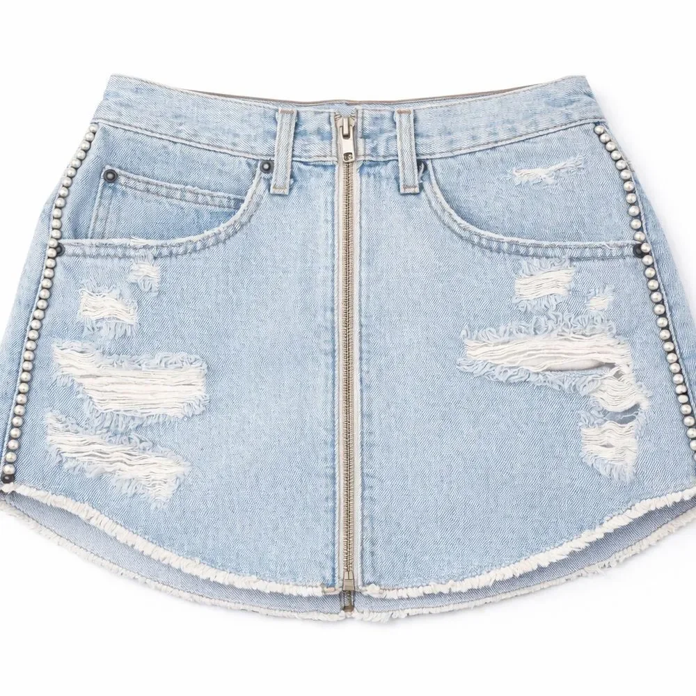 Denim Mini Skirt with Pearl Accents - Picture 1 of 2